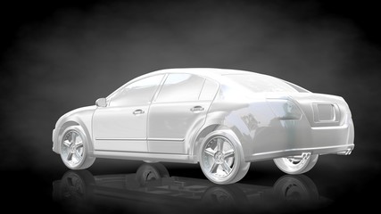 3d rendering of a white reflective car on a dark black background