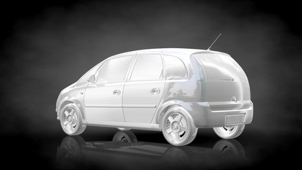 Fototapeta na wymiar 3d rendering of a white reflective car on a dark black background