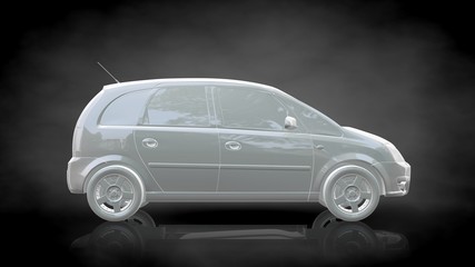 Obraz premium 3d rendering of a white reflective car on a dark black background