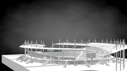 3d rendering of a reflective open stadium on a dark black background
