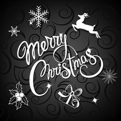 Fototapeta premium Merry Christmas hand drawn lettering vector illustration over creative black background.