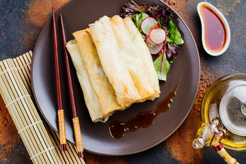 Fried spring rolls with vegetables, duck meat and noodle on dark stone table. Copy space. Top view