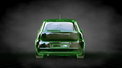3d rendering of a car with green outlined stroke on a balck background