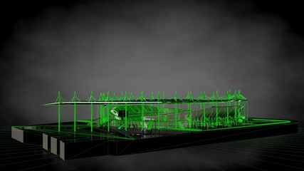 3d rendering of a reflective open stadium on a dark black background