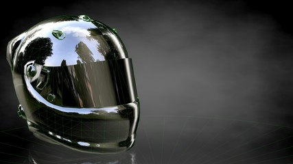 3d rendering of a reflective helmet on a dark black background