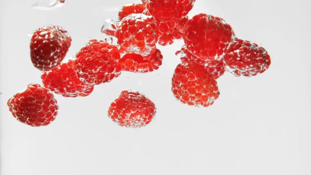 Raspberries falling into water in slow motion with a white background