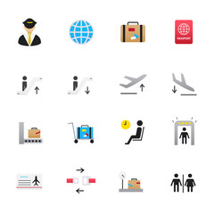 Airport Icons. Set of Travel and Transportation Icons, Vector Illustration Color Icons Flat Style.
