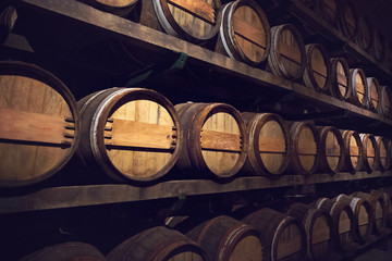 Wine cellar with a row of barrels