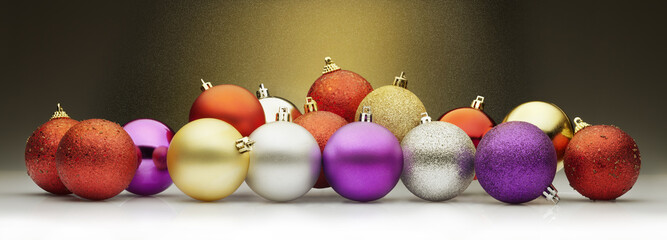 Christmas balls set against  a golden stardust effect background. Large horizontal layout for...