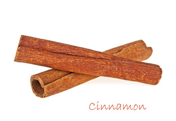 Two cinnamon sticks isolated on white background, Spices