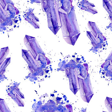 Watercolor purple crystals amethyst cluster hand drawn painting illustration isolated on white backdrop, seamless pattern tanzanit gem stones for design fashion advertising, geological logo, jewelry