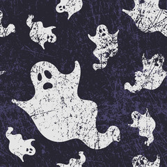 Vector seamless halloween pattern with ghosts. Grunge style, shabby street art imitation. Vintage old paper texture. - 169730927
