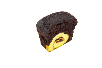 slice of chocolate cake isolated on white background.