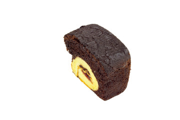 slice of chocolate cake isolated on white background.