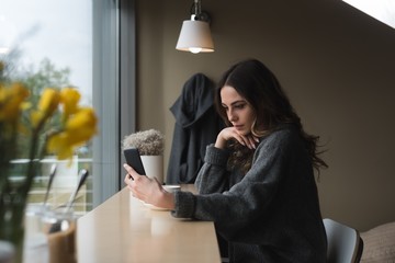 Young woman using phone in cafe