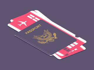 US passport with boarding passes tickets for traveling by plane. Airline tickets and passport. Concept for travel and vacations. Vector illustration