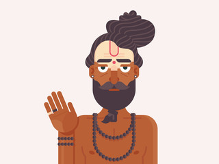 Indian Sadhu Monk. Cartoon character of an Holy Sadhu man with traditional painted face. Hindu Spirit Guide. Flat vector illustration - obrazy, fototapety, plakaty
