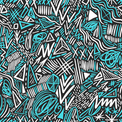 Geometric doodle hand drawn seamless pattern. Random decorative elements. Vector illustration