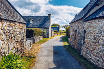 Street view of beautiful village of Rostudel former fishing village, Parc naturel regional d'Armorique. Finistere department, Camaret-sur-Mer. Brittany (Bretagne), France.