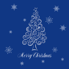 Naklejka na ściany i meble Merry Christmas greeting card with creative hand drawn flourish christmas tree vector illustration. Holiday xmas poster or postcard. 
