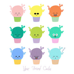 Set of hand drawn cute funny cacti in pots with different face expressions and emotions, text Your friend cactus.
