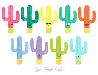 Set of hand drawn cute funny cacti in pots with different face expressions and emotions, text Your friend cactus.