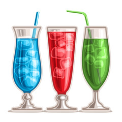 Vector set of colorful Cocktails: 3 tall glasses with alcohol cocktail blue hawaiian, drink strawberry mojito, fresh green mint mocktail with ice cubes, cold cocktail blue lagoon with curacao liquor.