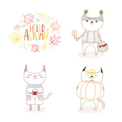 Hand drawn vector illustration of cute cats, with paper cup, basket with mushrooms, pumpkin, with wreath of leaves and text Hello Autumn.