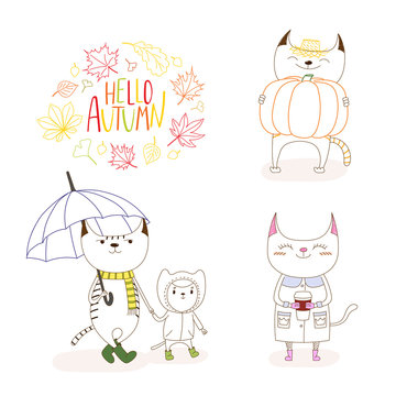 Hand drawn vector illustration of cute cats, in rain coat, with umbrella, pumpkin, paper cup, with wreath of leaves and text Hello Autumn.