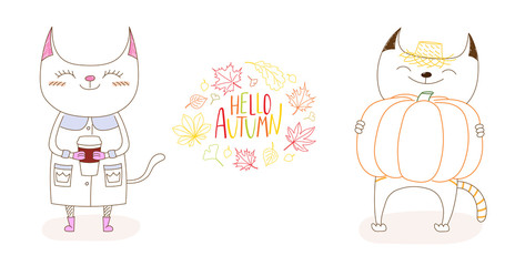 Hand drawn vector illustration of cute cats, holding a paper cup and a big pumpkin, with wreath of leaves and text Hello Autumn.