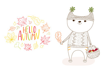 Hand drawn vector illustration of cat in knitted cap and sweater, holding basket with mushrooms, wreath of leaves and text Hello Autumn.