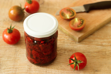 Sun dried tomatoes with olive oil in a jar