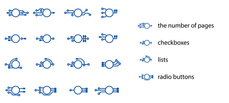 Design elements for design page numbers, checkboxes, lists, radio buttons, for design brochures, booklets, pamphlets or web pages about technology, electronics, engineering. pcb style. VECTOR