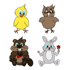 Fluffy animals. Chicken, owl, badger, hare colored on a white background.