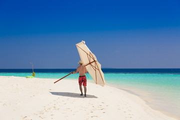 Maldives,  white sand, man, umbrella