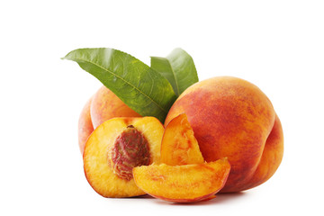 Ripe peaches fruit isolated on a white background