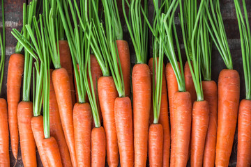 Carrot colorful overhead group lined up on old rustic brown wooden table in studio