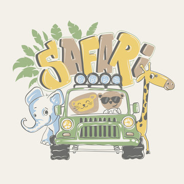African safari tour with animals, vector illustration