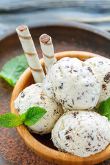 Vanilla ice cream with chocolate chips and mint leaves.
