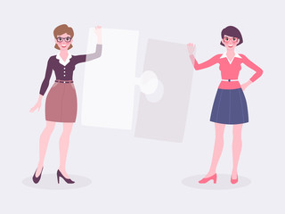 Two business women holding a blank  poster, announcement or presentation.