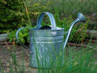 Metallgie&szlig;kanne im Garten