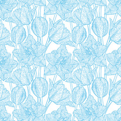 Hand drawn vector illustration Seamless pattern with decorative doodle tulips hand drawn in lines. Vector illustration