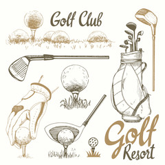 Golf set with basket, shoes, putter, ball, gloves, flag, bag. Vector set of hand-drawn sports equipment. Illustration in sketch style on white background. Handwritten ink lettering. - 169744117