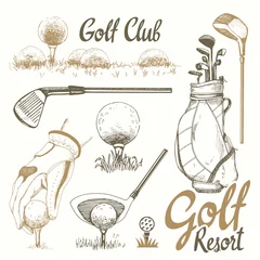 Foto op Canvas Golf set with basket, shoes, putter, ball, gloves, flag, bag. Vector set of hand-drawn sports equipment. Illustration in sketch style on white background. Handwritten ink lettering. © monamonash