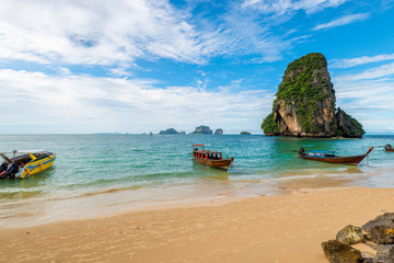 Fast small Thai boats at Phra Nang beach in Thailand