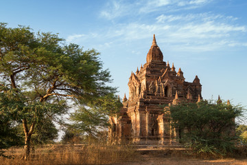 Ancient Tha Beik Hmauk Gu Hpaya in Bagan, Myanmar (Burma), viewed from the side on a sunny day.