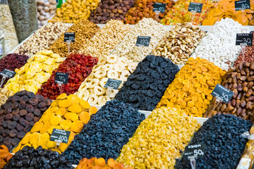 dried fruits and nuts with  tag of name on market