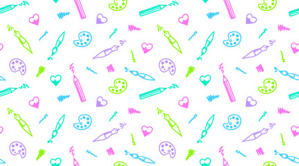 Hand drawn seamless pattern of art elements. Pen, pencil, brush, paint palette, heart and strokes.