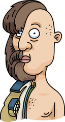 A cross-section of a cartoon man showing his burly, bearded exterior contrasted against his plain, hairless body.