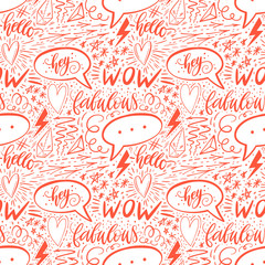 Calligraphy hand lettering seamless pattern. Positive signs, star, heart, speech bubbles, geometric forms. Perfect for print, textile, t-shirts, phone cases. Modern surface design. Vector illustration